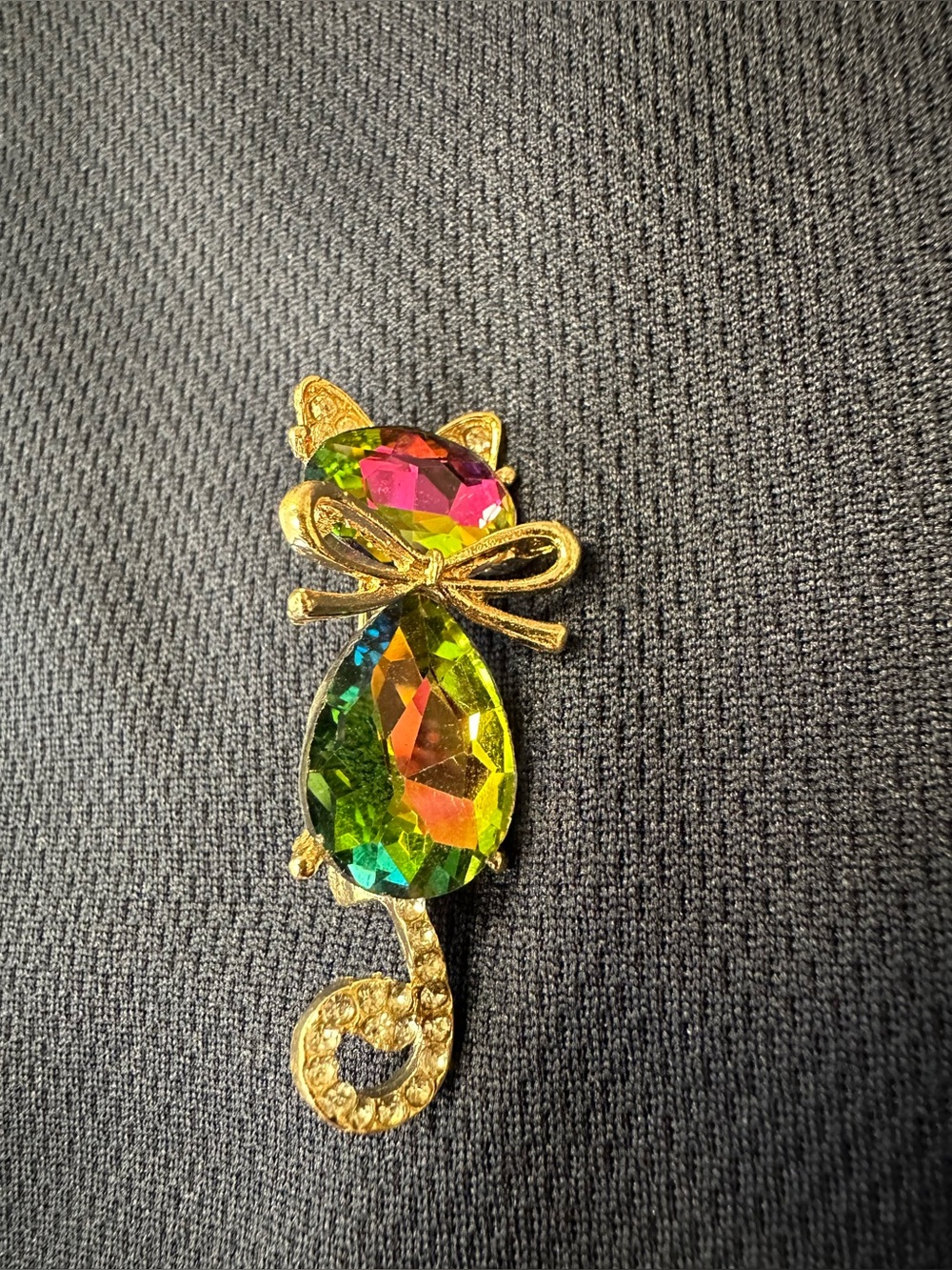 Gold-tone Multicolor Crystal Cat Brooch with Bow